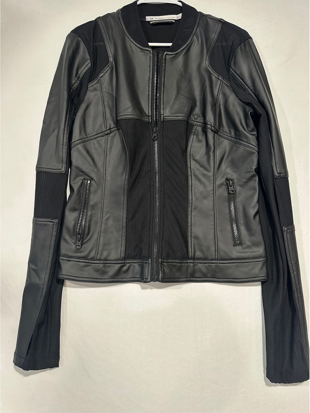 Blanc Noir Faux Leather Mesh Moto Jacket Black Zip Front Cropped Size L